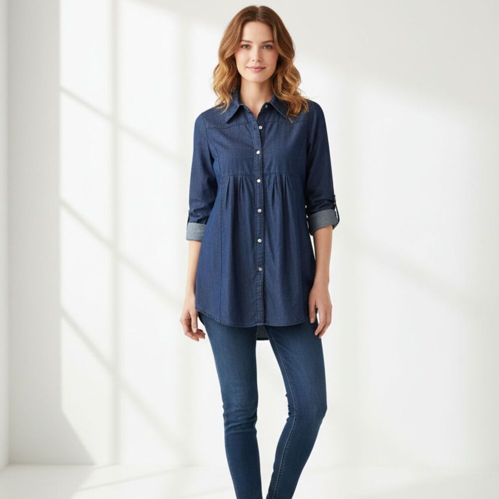 Voice Chambray Denim Roll Up Sleeves Dressy Tunic Top Medium Style# RB2655J